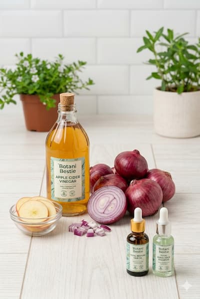 Apple cider vinegar in a glass bottle and fresh whole onions with sliced cross-sections on a wooden surface — representing two of the most researched kitchen ingredients for hair fall, scalp health, and hair growth, used in Botani Bestie's Total Rebalance Shampoo and Total Restore Hair Oil.