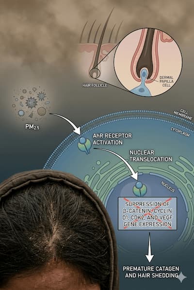PM2.5 activating AhR suppressing β-catenin and VEGF causing premature catagen