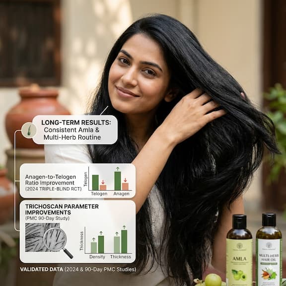 An Indian woman with thick, lustrous, healthy black hair running her fingers through it — representing the long-term results of consistent amla use in a multi-herb hair fall routine, validated by the 2024 triple-blind RCT showing significant anagen-to-telogen ratio improvement and the 90-day TrichoScan PMC study showing significant improvements across all hair density parameters.