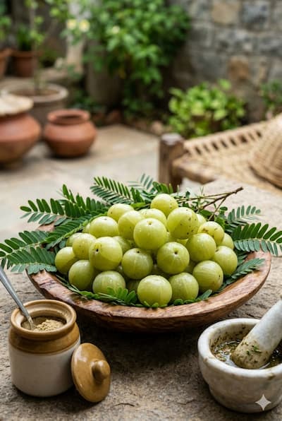 Fresh Amla (Indian gooseberry, Phyllanthus emblica) fruits — the richest plant source of bioavailable Vitamin C at 445–921 mg per 100g, used in Ayurvedic skincare for tyrosinase inhibition, dark spot reduction, and skin brightening.