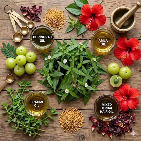 Flat lay of Ayurvedic hair herbs — Bhringraj leaves, Amla fruits, Brahmi sprigs, Methi seeds, and Hibiscus flowers arranged on a wooden surface alongside small glass bowls of extracted oils — representing the botanical richness of traditional Indian haircare.