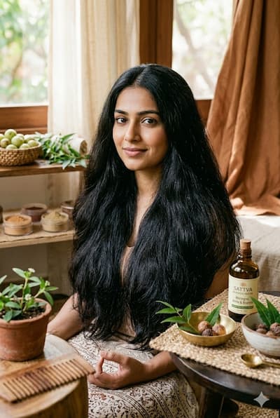 Thick, healthy, lustrous black hair representing the results of a consistent Ayurvedic morning and night hair care routine — scalp massage, herbal oil treatment, correct cleansing sequence, and nutritional support working together over 12+ weeks.