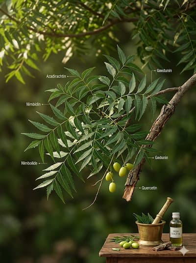 Azadirachta indica (neem) tree branch with clusters of dark green compound leaves — India's most versatile medicinal tree, whose leaves, seeds, and bark contain azadirachtin, nimbidin, nimbolide, gedunin, and quercetin — the compounds behind its documented antifungal, antibacterial, and anti-inflammatory actions for scalp health.