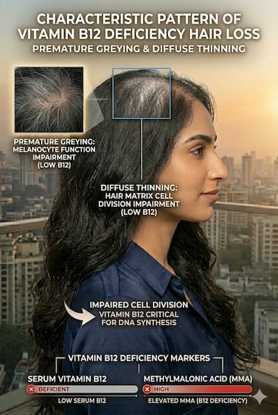 Close-up of scalp showing premature grey hairs and diffuse thinning — the characteristic pattern of Vitamin B12 deficiency hair loss, which impairs melanocyte function alongside hair matrix cell division.