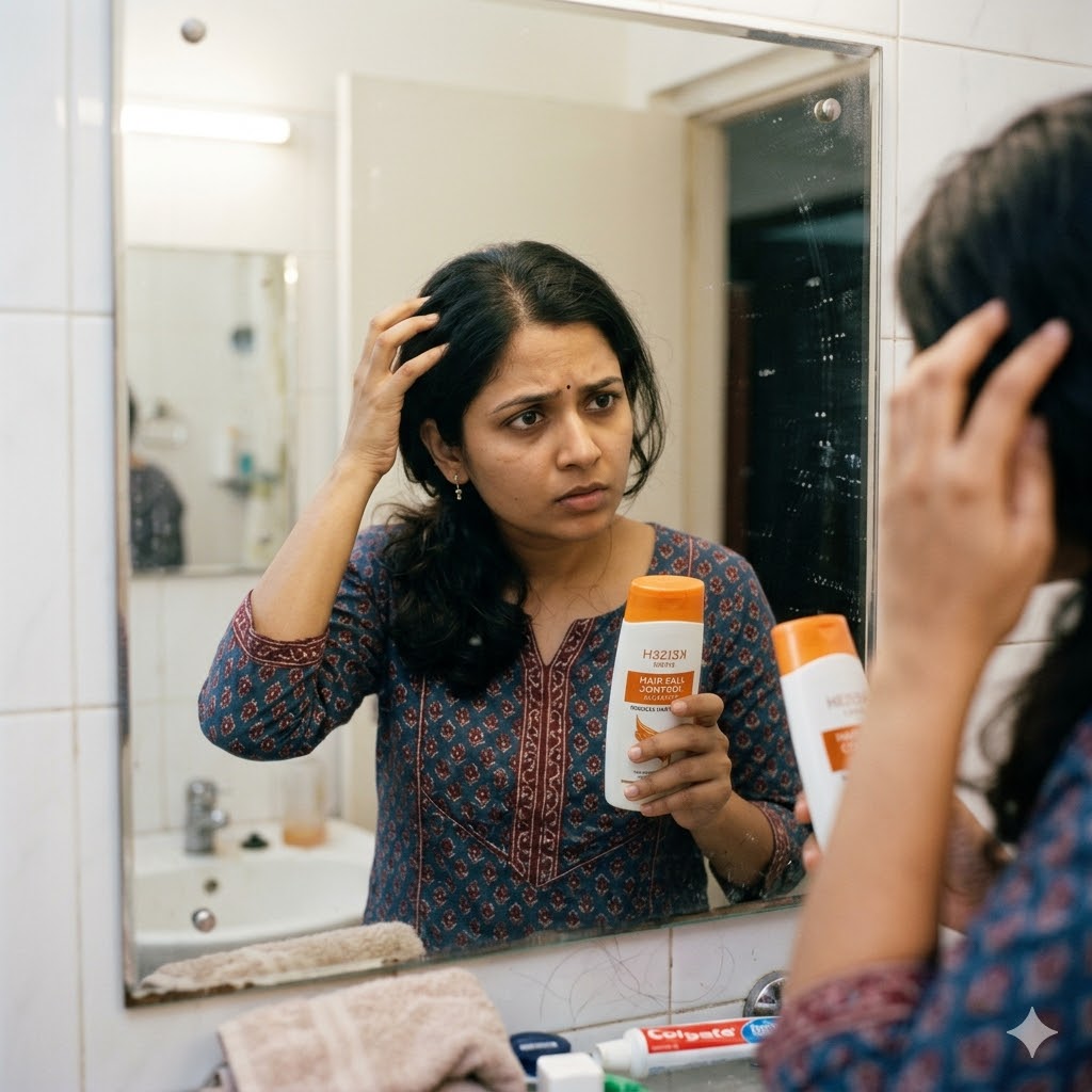 A woman examining her hair fall in the mirror while holding a shampoo bottle, looking concerned about hair loss.
