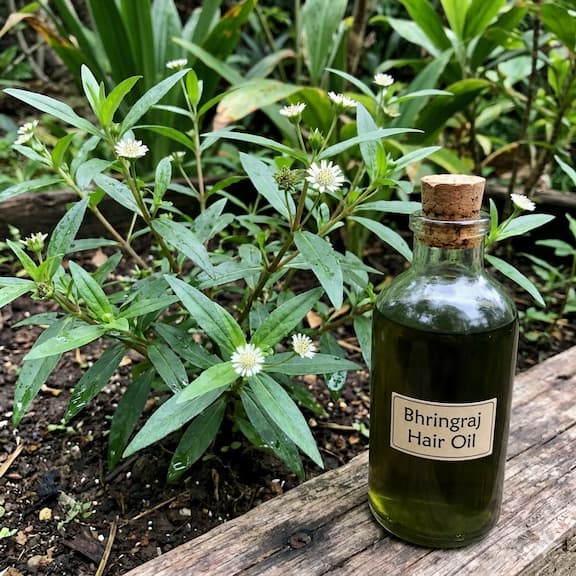 Fresh Bhringraj (Eclipta alba) plant with small white flowers and dark green lanceolate leaves, growing in moist tropical soil — alongside a glass bottle of dark green Bhringraj oil infusion on a wooden surface.
