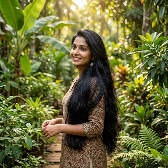 A woman with thick, lustrous, healthy black hair against a natural green background — representing the results of consistent Bhringraj oil and shampoo use for hair fall prevention and growth stimulation.