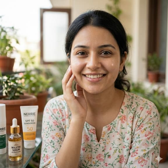 A woman with visibly brighter, more even skin tone — faded post-inflammatory hyperpigmentation marks from healed acne, showing the results of consistent use of Niacinamide, Licorice, Turmeric, and Salicylic Acid with daily SPF over 12 weeks.