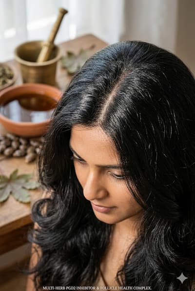 Healthy, thick, lustrous black hair with a clear, well-nourished scalp — representing the results of consistent castor oil use as part of a multi-herb hair fall routine targeting PGD2 inhibition, scalp inflammation, and follicle health.