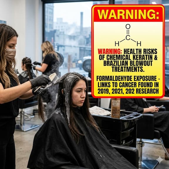 A woman in a hair salon having a chemical keratin treatment applied — with a warning overlay showing the formaldehyde chemical structure — representing the health risks of chemical keratin and Brazilian blowout treatments including the cancer links found in 2019, 2021, and 2022 research.