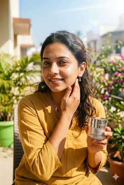 Indian woman with clear, even skin in bright sunlight — representing the long-term result of consistent SPF 50 PA++++ sunscreen use for preventing dark spots, melasma, and photoageing.