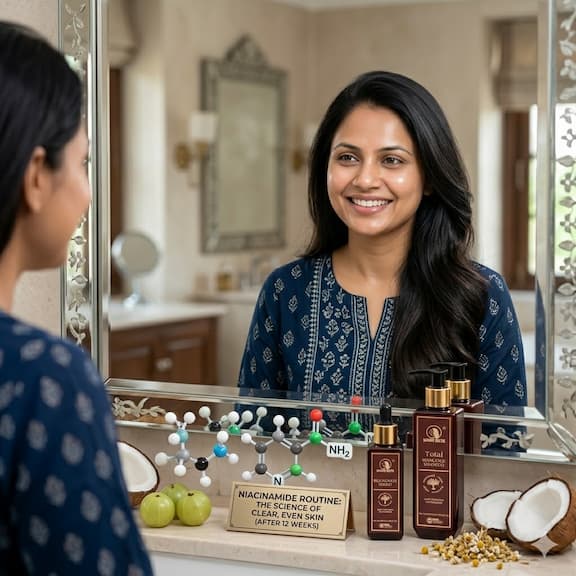 A woman with clear, even, glowing skin looking confidently into a mirror — representing the long-term results of a consistent niacinamide-based skincare routine for dark spot reduction and brightening.