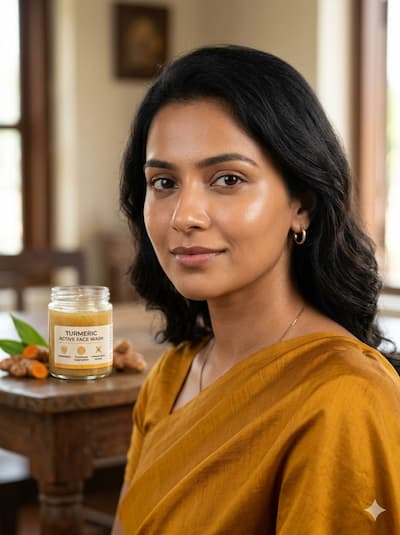 An Indian woman with clear, even-toned, radiant skin — representing the long-term results of consistent turmeric (curcumin) use in a multi-active face wash routine targeting acne, dark spots, and inflammation simultaneously through NF-κB inhibition, tyrosinase suppression, and antioxidant protection.