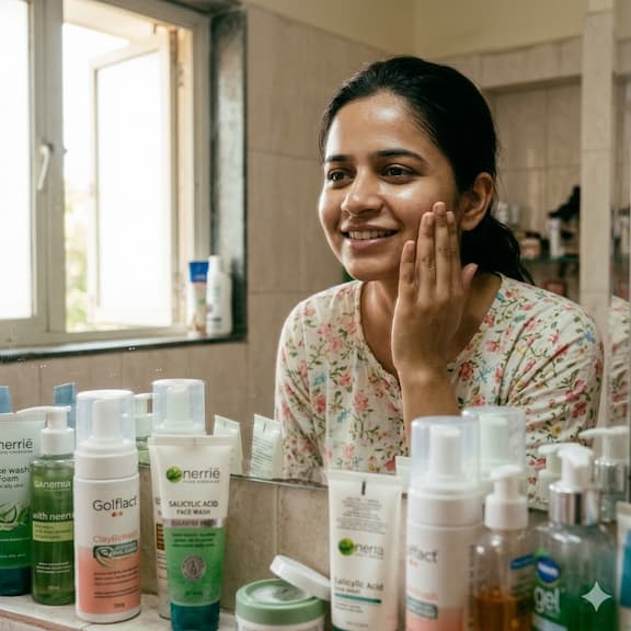 A young Indian woman with clear, matte, healthy-looking skin touching her face confidently — representing the result of switching to the right sulfate-free, Salicylic Acid and Niacinamide face wash for oily skin in India.