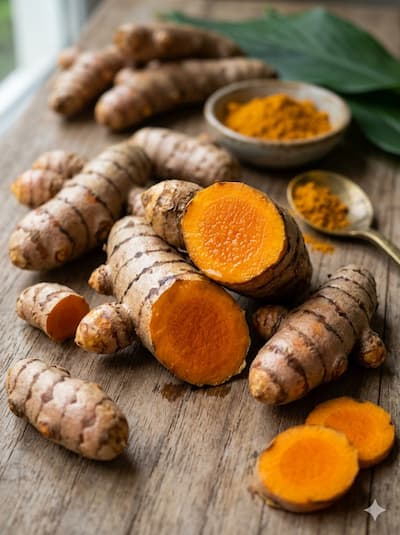 Curcuma longa (turmeric) fresh rhizome roots cut open to reveal deep orange-yellow interior — the source of curcumin, the polyphenol compound behind turmeric's documented anti-inflammatory, anti-melanogenic, and antioxidant actions in skin and scalp science.
