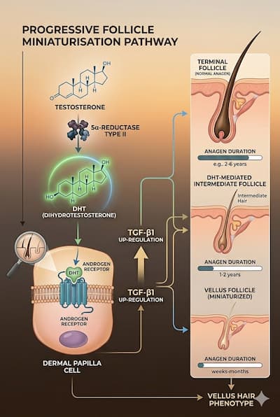 testosterone to DHT, androgen receptor binding, TGF-β1 and anagen shortening