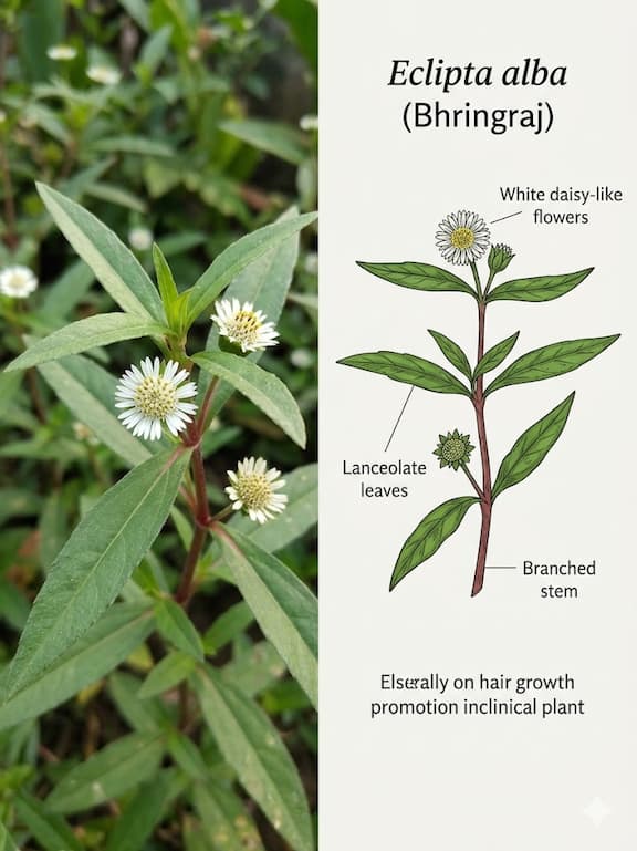 Close-up botanical illustration and photograph of Eclipta alba (Bhringraj) showing its distinctive white daisy-like flowers, lanceolate leaves, and branched stem — the medicinal plant scientifically validated for hair growth promotion.