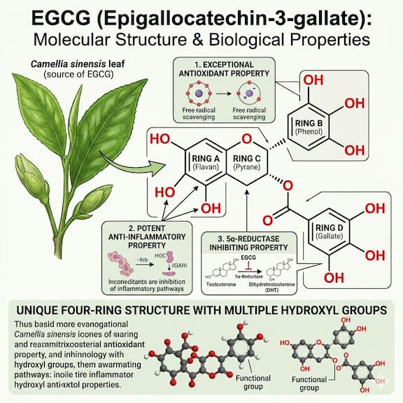 The molecular structure of EGCG (epigallocatechin-3-gallate) alongside the Camellia sinensis leaf — showing the polyphenol's unique four-ring structure with multiple hydroxyl groups responsible for its exceptional antioxidant, anti-inflammatory, and 5α-reductase inhibiting properties.