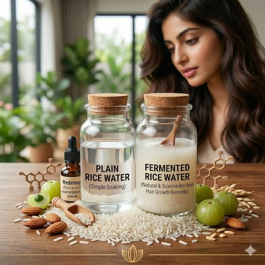 Two clear glass jars side by side — one with plain white rice water and one with slightly cloudy fermented rice water — illustrating the difference between the two preparation methods.