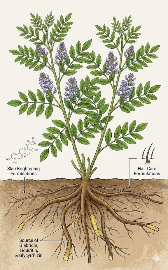 Glycyrrhiza glabra (liquorice / Mulethi) plant showing its distinctive compound leaves and purple flowers above ground, with its prized medicinal root system visible — the source of glabridin, liquiritin, and glycyrrhizin used in skin brightening and hair care formulations.
