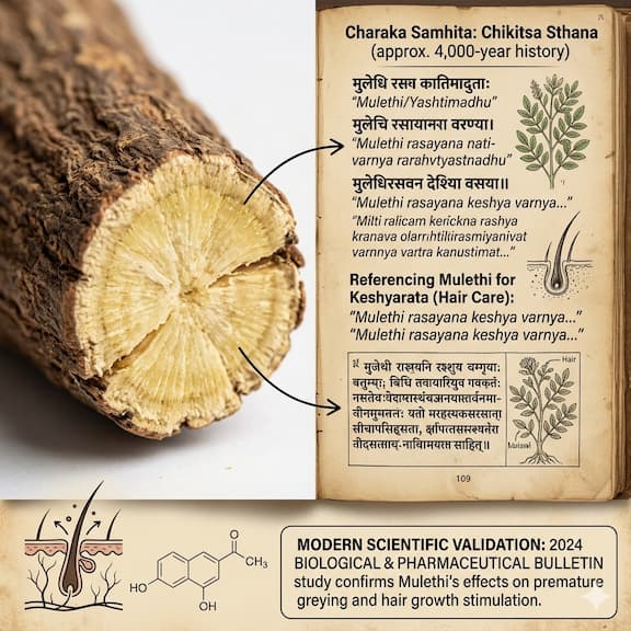 Liquorice root (Mulethi/Yashtimadhu) cross-section showing the distinctive pale yellow interior and fibrous texture, alongside Ayurvedic text references — representing its 4,000-year history in Indian hair care and its modern scientific validation by the 2024 Biological & Pharmaceutical Bulletin study.