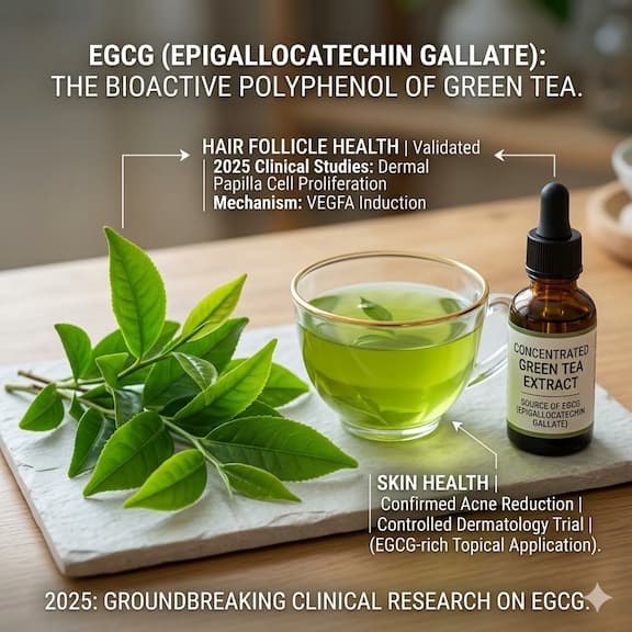 Fresh green tea (Camellia sinensis) leaves alongside a small glass cup of bright green brewed tea and a bottle of concentrated green tea extract — representing the source of EGCG, the polyphenol validated by 2025 clinical studies for dermal papilla cell proliferation via VEGFA induction and confirmed for acne reduction in a controlled dermatology trial.