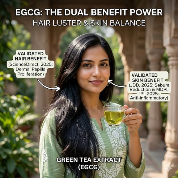 An Indian woman with healthy, lustrous hair and clear, balanced skin holding a small glass cup of fresh brewed green tea — representing the dual hair and skin benefits of EGCG validated across 2025 ScienceDirect, JDD, and MDPI clinical studies.