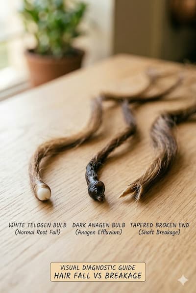 Close-up comparison of three shed hair ends: a white telogen bulb (normal root fall), a dark anagen bulb (anagen effluvium), and a tapered broken end (shaft breakage) — the visual diagnostic guide for hair fall vs breakage.