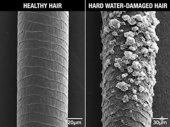Scanning electron microscope comparison image showing a healthy hair shaft with smooth, flat cuticle scales on the left versus a hard water-damaged hair shaft with rough, lifted cuticle scales and visible white mineral deposits on the right.