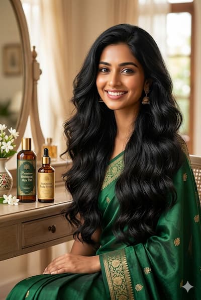 Indian woman with thick healthy hair after 8 weeks of consistent hair cycling routine