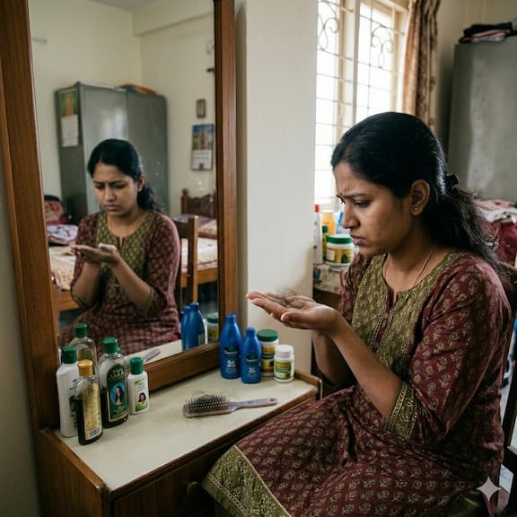 A woman examining strands of fallen hair in her palm with concern, sitting in front of a mirror in an Indian home — representing the widespread problem of hair fall across India.