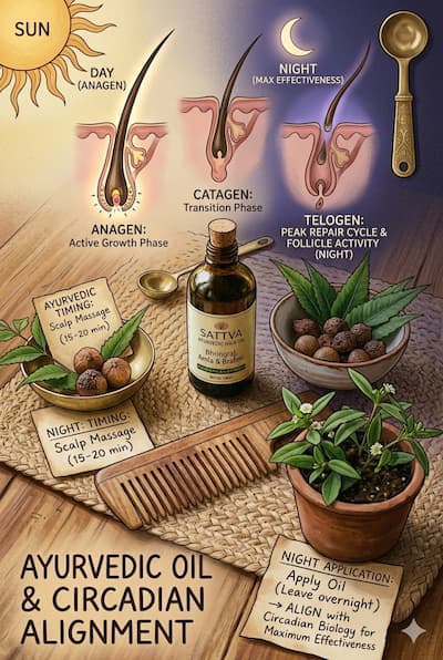 Illustration of the hair growth cycle — anagen, catagen, and telogen phases — showing how follicle activity peaks during the night repair cycle and how Ayurvedic timing of herbal oil application aligns with circadian follicle biology for maximum effectiveness.