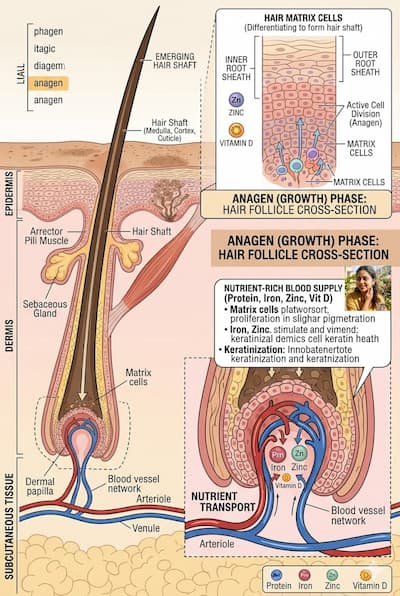 Cross-section diagram of a hair follicle showing the dermal papilla blood supply bringing nutrients — protein, iron, zinc, Vitamin D — to the matrix cells that produce the hair shaft during the anagen growth phase.