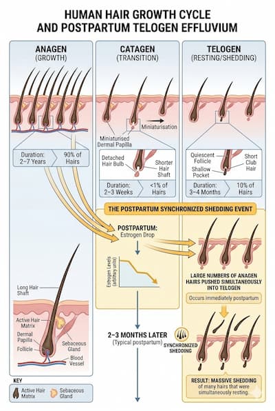 Diagram of the hair growth cycle showing anagen (growth), catagen (transition), and telogen (resting) phases, with a highlighted annotation showing how the postpartum oestrogen drop pushes large numbers of hairs simultaneously into the telogen phase — causing synchronised shedding 2–3 months later.