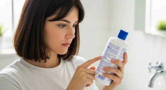 A person reading the back label of a shampoo bottle, checking ingredients carefully.