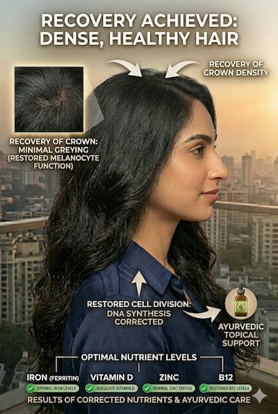 Healthy, dense Indian hair after nutritional deficiency recovery — showing the results of correcting ferritin, Vitamin D, Zinc, and B12 levels with targeted supplementation and Ayurvedic topical support.