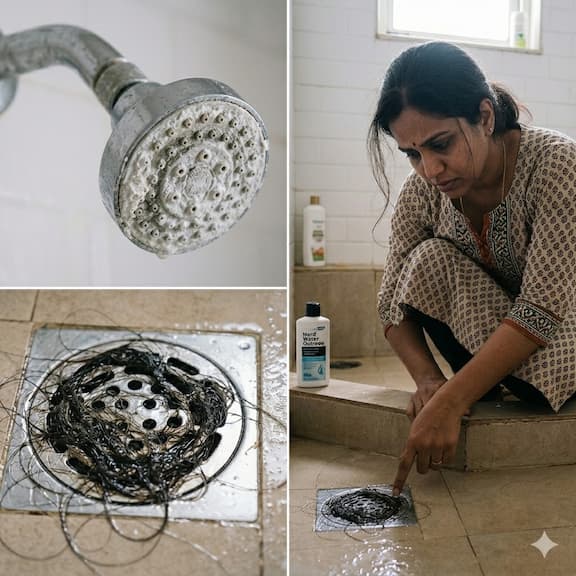 A woman looking at a clogged shower drain filled with fallen hair strands, with white limescale deposits visible on the showerhead above — visually connecting hard water and hair fall in an Indian household bathroom.