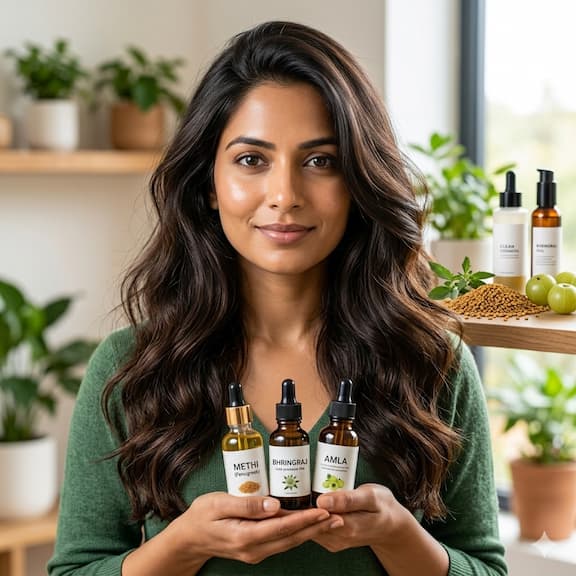 A woman with thick, lustrous, healthy dark hair looking confidently at the camera — representing the long-term results of consistent Ayurvedic hair care with methi, bhringraj, and amla as part of a clean, science-backed hair routine.