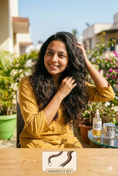 Indian woman with thick, healthy hair — representing the result of correctly diagnosing and treating the specific hair problem (breakage vs root fall) with targeted interventions rather than generic hair fall products.