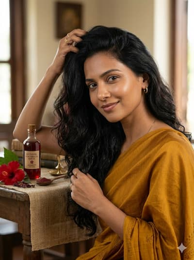 An Indian woman with thick, healthy, lustrous hair running her fingers through it — representing the long-term results of consistent hibiscus use in a multi-herb hair fall routine: DHT suppression from triple 5αR inhibition, reduced breakage from mucilage conditioning, and follicle antioxidant protection from anthocyanins — with the science finally catching up to what Indian grandmothers practised for generations.