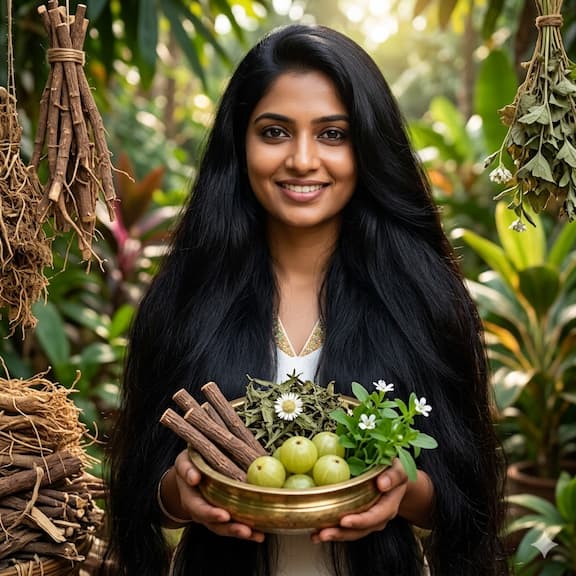A woman with thick, healthy, lustrous black hair against a natural background — representing the long-term hair health achievable with consistent Ayurvedic herb use including liquorice root, Bhringraj, Amla, and Brahmi.