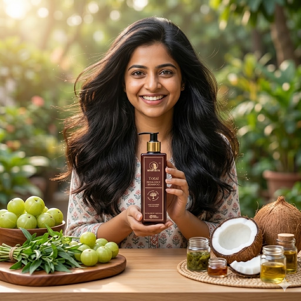 A woman with thick, healthy, shiny hair surrounded by natural Ayurvedic ingredients like amla, bhringraj, and coconut — representing the result of switching to a clean shampoo.
