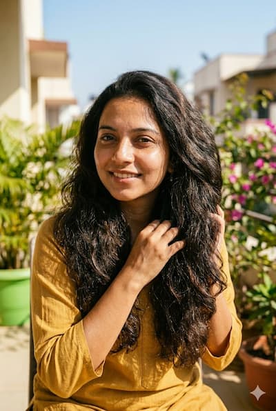 Indian woman with thick, dense, healthy hair — representing the result of correcting protein, iron, zinc, and Vitamin D deficiencies through a targeted Indian diet approach to hair growth.