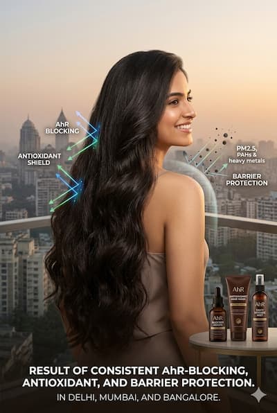 dense healthy Indian hair in urban setting from AhR-blocking antioxidant barrier protection