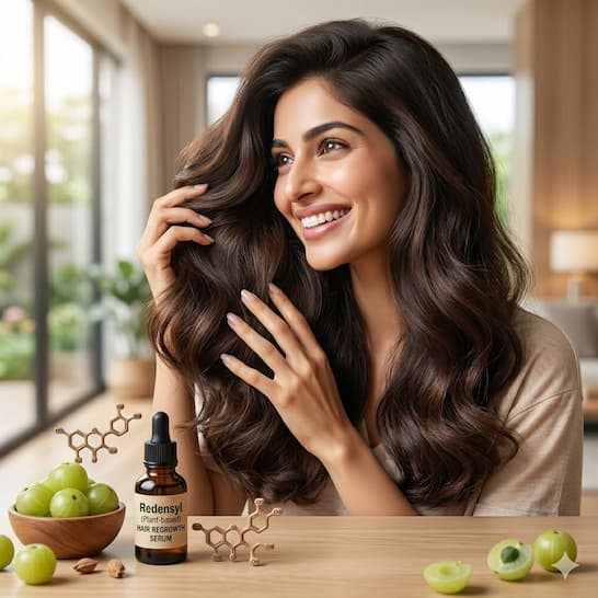 A woman running her fingers through thick, healthy, regrown hair — representing the results of using a science-backed Redensyl hair serum consistently over several months.