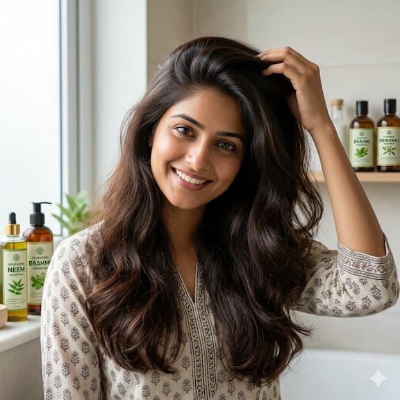 An Indian woman with a healthy, dandruff-free scalp and thick, lustrous hair — representing the long-term result of a microbiome-supportive scalp care routine: Malassezia controlled, pH balanced, sebum normalised, and follicles restored to their full anagen growth potential without the disruption of SLS or pharmaceutical antifungals.