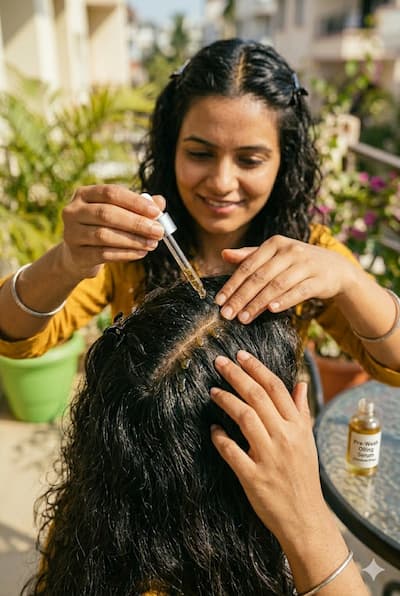 Indian woman performing correct scalp oiling technique — fingertip application in parted sections with gentle circular massage, the evidence-based method for pre-wash scalp oiling that captures both the massage and oil penetration benefits.