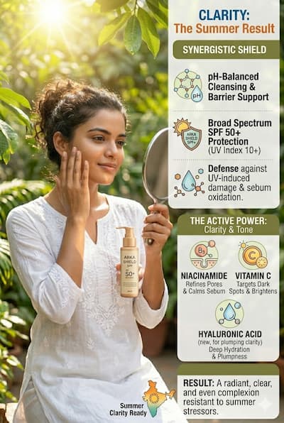Clear, even-toned Indian skin in summer — the result of consistent SPF use, pH-balanced cleansing, Niacinamide, and Vitamin C working together against UV, sebum, and dark spot formation.