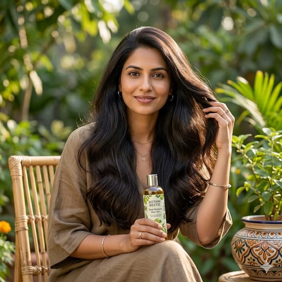 A woman with visibly thick, shiny, healthy hair looking confident and relaxed — representing the hair transformation achievable with consistent use of Botani Bestie Total Restore Hair Oil.