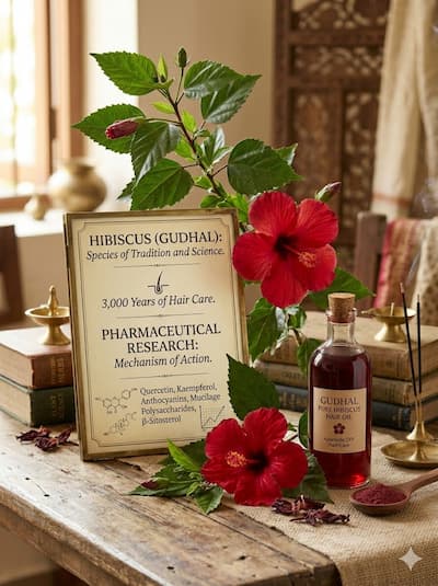 Hibiscus rosa-sinensis (Gudhal) plant with deep red flowers and dark green serrated leaves — the species used in traditional Indian hair care for centuries and now the subject of pharmaceutical research mapping its quercetin, kaempferol, anthocyanin, mucilage, and β-sitosterol content and their mechanisms of action for hair growth and scalp health.